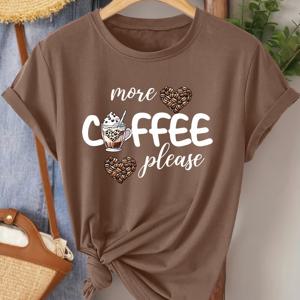 TEMU 커피 애호가 프린트가 있는 우아한 반팔 여성 티셔츠. 봄, 여름, 가을에 적합합니다. 통근, 휴가 및 일상복으로 스타일리시하고 다재다능한 상의이며, 사이즈 S-XXL로 제공됩니다.