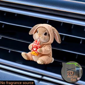 TEMU 귀여운 긴 귀의 토끼가 주스 먹는 장면이 담긴 2D 평면 아크릴 장식 차량용 방향제 클립. '향기 없는 원천' 디자인으로, 무취 스펀지 패드 2개 포함, 매력적인 차량 액세서리