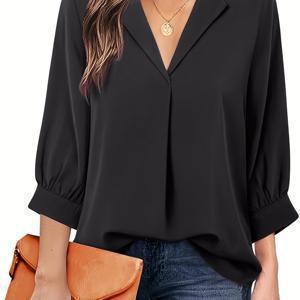 TEMU 플러스 사이즈 - 우아한 블랙 라펠 셔츠 | 신축성 없는 원단, 단색, 올 시즌용