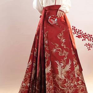 TEMU 원피스 하이웨이스트 타이업 빈티지 플리츠 앵클 길이 스커트, 중국풍 프린트, 말얼굴 패턴, 고풍스러운 휴가 맥시 드레스