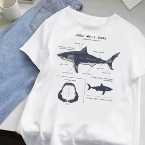 TEMU 여성용 상어 프린트 티셔츠 - 상어 & 블루 레터링, 반팔 라운드넥 캐주얼 여름 비치웨어, S-XXL 사이즈 다양한 컬러 (블루, 화이트, 블랙) - 세탁기 사용 가능한 상어 테마 탑