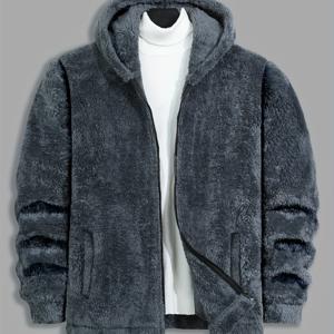 TEMU 남성용 테디 플리스 안감 후드 방풍 캐주얼 외출 단색 긴팔 재킷 탑