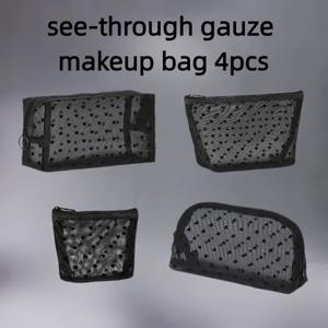 TEMU 투명 하트 디자인의 4개 블랙 메쉬 메이크업 백 - 통기성 나일론 여행용 화장품 정리함, 여성용 귀여운 스타일 휴대용 세면도구 파우치, 손세탁 가능, 멋진 지퍼 클로저, 내구성 있는 지퍼 오거나이저