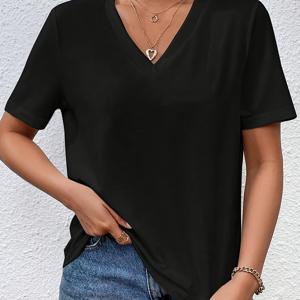 TEMU 여성용 캐주얼 V넥 반팔 티셔츠 - 부드럽고 통기성 좋은 소재, 세탁기 사용 가능, 사계절 착용감 편안한 레귤러 핏 H라인, 단색 다용도 상의, 클래식 V넥 스타일, 매끈한 질감, 루즈핏, 내구성 있는 베이직 티, 디자인