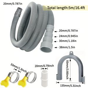 TEMU 2m//4m/5m 범용 세탁기 배수호스 + 연장 어댑터 1개, 클립 2개, U자형 브라켓 1개 포함 - 대부분의 가정용 세탁기와 호환, 20mm/24mm/30mm/38mm 파이프 직경용 리트랙터블 두꺼운 디자인 (트리밍 가능)