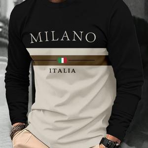 TEMU 세련된 밀라노 스타일 남성 티셔츠 - 블랙, 브라운, 크림 컬러 블록, 'MILANO' 및 'ITALIA' 프린트, 데일리 캐주얼 및 트렌디한 의상에 적합, 스타일리시한 문화적인 드레스 스타일 연출