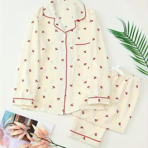 TEMU 여성용 가을/겨울 신상품 플러스 사이즈 체리 프린트 파자마 세트, 라펠 칼라 오버사이즈 긴소매 긴바지 가디건 라운지웨어 2피스 세트