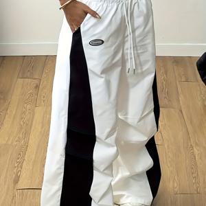 TEMU 여성용 Y2K 와이드 레그 팬츠 - 블랙 & 화이트 블록 와이드 레그 팬츠, 드로스트링 허리, 루즈핏 캐주얼 팬츠, 논스트레치 사계절 착용 가능, 오피스 & 일상복 (세탁기 사용 가능)