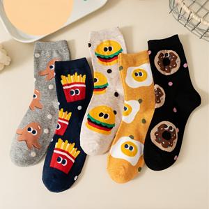 TEMU 여성을 위한 재미있는 스낵 패턴의 스타일리시하고 편안한 미드-카프 양말 5켤레