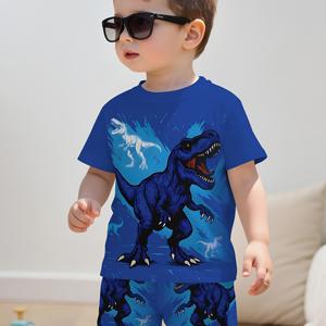 TEMU 2개 세트 여름 신상 베이비 보이 캐주얼 스포티 패션 블루 공룡 프린트 라운드넥 티셔츠와 반바지 세트, 야외 활동에 완벽