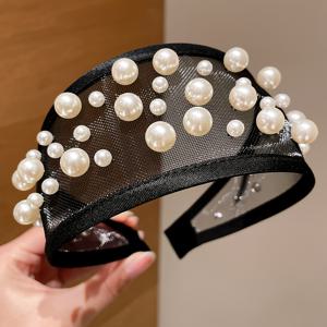 TEMU 여성용 신상품 해외 수입 블랙 메쉬 헤어밴드 1개, 심플한 구슬 장식 챙이 넓은 튤 티尤르 구슬 헤어밴드, 헤드피스 헤어 액세서리