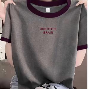 TEMU 여성 여름 다크 그레이 후샤가 무지 캐주얼 반팔 티셔츠 - 편안한 핏의 대비 디자인, 통기성 좋고 세탁기 사용 가능 상의, 데일리 필수템