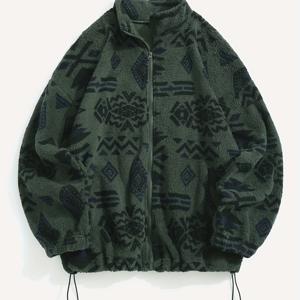 TEMU 여성용 에스닉 프린트 마이크로플리스 플러시 지퍼업 자켓