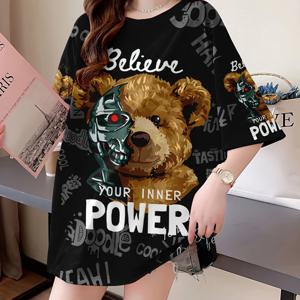 TEMU 여성용 플러스 사이즈 오버사이즈 그래픽 티셔츠 - 귀여운 곰 캐릭터 & 인스피레이션 문구 프린트, 통기성 스트레치 원단, 롱라인 캐주얼 탑, 봄 여름 가을용, 라운드넥, 비침 방지 소재, 세탁기 사용 가능