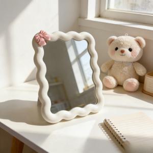 TEMU 리본 장식 물결 메이크업 거울, 책상에 세울 수 있거나 벽에 걸 수 있음, 고화질 화장대 거울, 방 장식용, 신학기 기숙사 용품