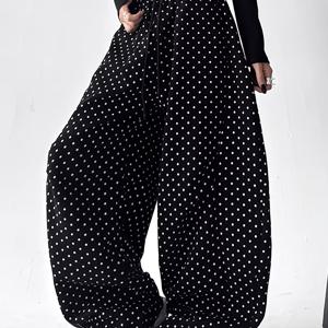 TEMU 폴카 도트 올오버 프린트 여성용 루즈 드로스트링 하이웨이스트 포켓 디자인 캐주얼 Y 와이드 레그 팬츠 Y2K, 편안하고 다용도 일상 스웨트셔츠 팬츠, 사계절 착용 가능