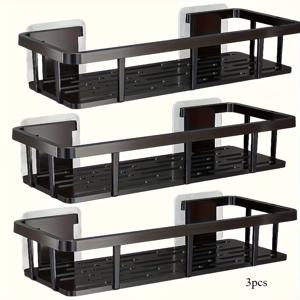 TEMU 3단 검정색 벽걸이 수납 선반 - 튼튼한 플라스틱, 드릴 불필요 접착식/볼트 설치, 욕실 및 주방용 공간 절약형 수납 랙, 샤워 선반 시스템, 세면도구, 화장품, 필수품을 위한 다단 선반