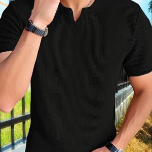 TEMU 남성용 퀵드라이 와플 니트 티셔츠 - 아이스 슬리키 섬유, 통기성 좋은 소형 V넥, 캐주얼 H핏, 단색, 세탁기 사용 가능, 사계절 활용 가능한 상의, 여름 의류, 비투명 소재