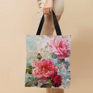 TEMU 1개 빈티지 꽃 2D 평면 프린팅 캔버스 토트백, 쇼핑에 완벽, 저렴함