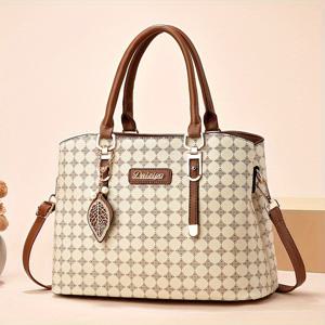 TEMU 코코지기 여성 빈티지 체크 토트백 - 조절 가능한 숄더 스트랩, 넉넉한 PVC 핸드백 지퍼 클로저, 블랙 우아한 출근용 가방 & 캐주얼 아웃팅, 메탈릭 리프 참 장식 | 폴리에스터 안감, 핸드백