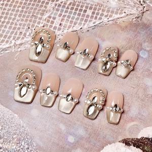 TEMU 10개입 짧은 사다리꼴 핸드메이드 인조 네일 키트, 골드 인조 손톱, 로열 글로리러스 웨어러블 네일 아트, 라인스톤 반지, 엑조틱 공주 스타일, 데일리, 오피스, 학교, 데이트, 파티, 졸업식, 발렌타인데이 선물용