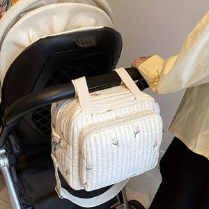 TEMU 시크한 곰 & 튤립 자수 기저귀 가방 - 유아 여행 필수품을 위한 나일론 크로스바디 부모 가방, 유모차 클립 포함