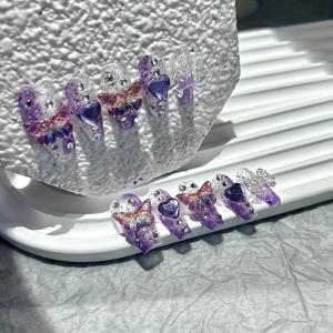 TEMU 퍼플 판타지 나비 하트 스파클링 네일 아트 패치 인조네일 10개입 Y2K 스파이스 수제 착용형 네일 (젤리 스티커 5장 + 스틱 1개 + 네일 파일 1개)