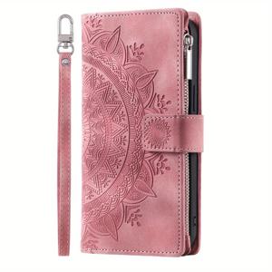 TEMU 삼성 갤럭시 A55 A35 A25 A15 A05 S A54 A34 A24 A14 A73 A53 A33 A23 A13 A72 A52용 핸드백 지갑 폰 케이스, PU 가죽 플립 지퍼 카드 슬롯 손목 스트랩 엠보싱 꽃 커버