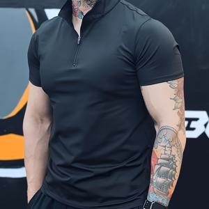 TEMU 남성용 반팔 타이트핏 여름 하이넥 피트니스 속건성 고탄력 지퍼 단색 반팔 셔츠