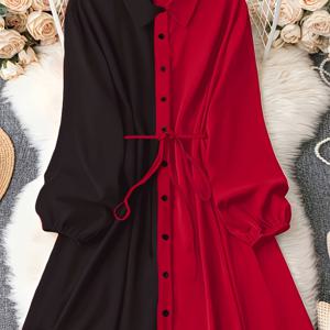 TEMU 플러스 사이즈 - 여름 여성용 플러스 사이즈 유니크 컬러 블록 드로스트링 허리 긴팔 셔츠 원피스