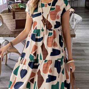 TEMU 여성용 라운드넥 기하학 프린트 반팔 스니커즈가 특징인, 다재다능하고 스타일리시한 여름 드레스