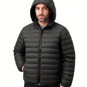 TEMU 남성용 겨울 자켓, 단색 경량 후드 방풍 보온 다용도 재킷, 야외 스포츠 및 레저용