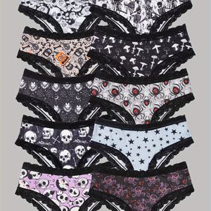 TEMU 10개 여성용 섹시 귀여운 고딕 시크 로우라이즈 팬티 - 대비 레이스, 전체 할로윈 프린트, 편안한 힙스터 팬티 - 할로윈 란제리 & 속옷 - 편안함, 다양한 스타일, 특별한 날이나 일상 착용을 위한 완벽한 선물 아이디어, 섹시한 스타일