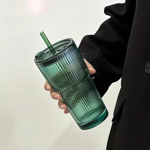 TEMU 빈티지 유리 텀블러 뚜껑과 빨대 포함 - 재사용 가능, 고품질, 손세척 전용 - 아이스 커피, 우유, 주스에 완벽 - 다목적 수직 홈 디자인 컵