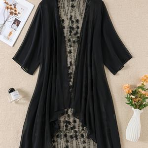 TEMU 우아한 플러스 사이즈 쉬폰 기모노 가디건 레이스 디테일 - 반팔 비치 커버업, 세탁기 사용 가능