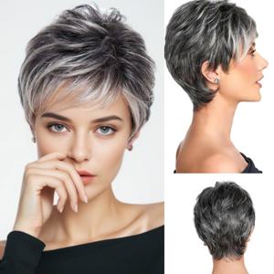 TEMU 여성용 우아한 픽시 컷 가발 - 부드럽고 푹신한 옴브레 블랙에서 그레이 | 열에 강한 합성 머리카락 | 일상 착용 및 할로윈 파티에 완벽함