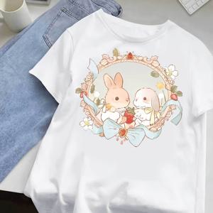 TEMU 귀여운 토끼 딸기 캐주얼 프린트 패션 레저 스타일 여성 여름 스포츠 탑 라운드넥 반팔 티셔츠, 다양한 색상 S-XXL