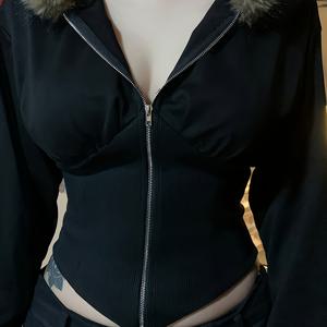 TEMU Y2K 퍼지 칼라 후드 스웨트셔츠 (드로스트링 허리)