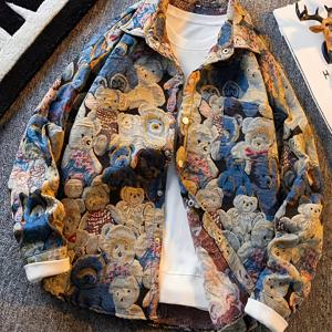 TEMU 남성 아메리칸 빈티지 풀 자카드 곰돌이 패턴 재킷, 남성 가을 하이엔드 트렌디 브랜드 쿨 핸섬 네티 셀러비티 캐주얼 셔츠