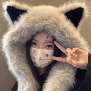 TEMU 1개 소프트 폴리에스터 인조 고양이 귀 모자, 스카프 통합형, 남녀 겨울 따뜻한 의류, 패셔너블한 범용 스타일, 가볍고, 풀온 클로저, 총각 파티에 적합
