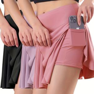 TEMU 세 명의 여성 스포츠 테니스 스커트와 반바지 - 두 가지가 한꺼번에 있는 러닝 스커트와 반바지, 포켓이 있는 편안한 스포츠 반바지.