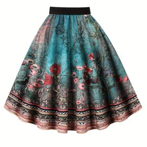 TEMU 여성용 우아한 꽃무늬 미디 스커트 - 생동감 넘치는 틸색 & 여름 스커트, 신축성이 없는 원단, 파티 및 결혼식에 적합, 세탁기 사용 가능