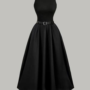 TEMU “Nian Nian” 단색 민소매 원피스는 벨트와 함께 제공되며, 신학기, 가을 여성 의류, 할로윈 의상, 카니발 의상, 브런치 복장, 가을 원피스, 홈커밍 댄스 가운, 콘서트 의상, 다크 아카데미 스타일에 완벽합니다.