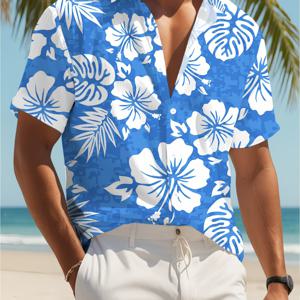 TEMU 남성용 하와이안 셔츠 반팔 트로피컬 프린트 버튼 - 칼라 비치 셔츠, 하와이안 히비스커스 & 팜 패턴, 싱글 브레스티드 버튼 클로저, 여름 휴가 웨어, 풀사이드, 바 & 캐주얼 아웃핏