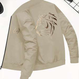 TEMU 타이거 리듬 실루엣 엠블럼 프린트 파일럿 자켓, 남성용 패션 스포티 캐주얼 집업 자켓, 아카데믹 스타일 주머니 있는 트렌치 코트, 스몰 스탠드업 칼라, 니트 원단, 폴리에스터 섬유, 포켓 디테일, 가을/겨울 패션 스트리트웨어 아우터웨어