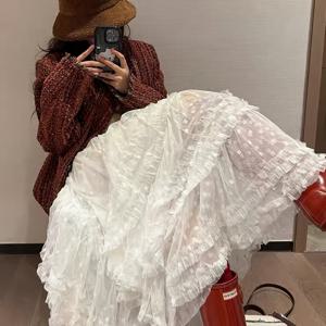 TEMU 우아한 레이스 하이웨스트 에이라인 미디 스커트 - 과장된 러플 헴, 구조적 논스 트레치 원단, 사계절용 솔리드 컬러 케이크 스커트, 여성용 고허리 스커트, 장식적인 프릴, 내구성 있는 제작