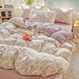 TEMU 부드럽고 편안한 스타일 소형 꽃무늬 プリント 이불 커버 3종 세트, 이불 커버 1개 + 베개 커버 2개 포함. 침실, 기숙사, 손님방에 적합. 워싱 프린트 공정. 기계 세탁 가능