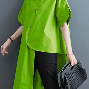 TEMU 여성용 캐주얼 비대칭 밑단 롱라인 셔츠 - 솔리드 컬러 루즈핏 라펠 칼라 반팔 블라우스, 기계 세탁 가능 사계절 활용 가능한 데일리 패션 탑, 논엘라스틱 소재