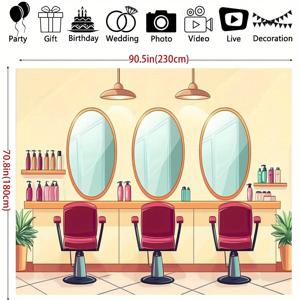 TEMU 1개 만화 스타일 헤어 살롱 배경 배너 - 거울과 선반이 있는 생동감 넘치는 미용실 테마, 생일 파티, 포토 부스, 휴일 장식용 내구성 폴리에스터 원단 - 전기 필요 없음, 쉬운 설치, 재미있는 일러스트레이션, 다용도 장식