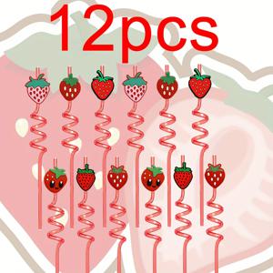 TEMU 바 파티용 만화 딸기 빨대 12개입, PETG 음료용 빨대, 귀엽고 창의적인 곡선형 디자인, 재사용 가능한 나선형 구부러진 빨대, 딸기 파티 답례품